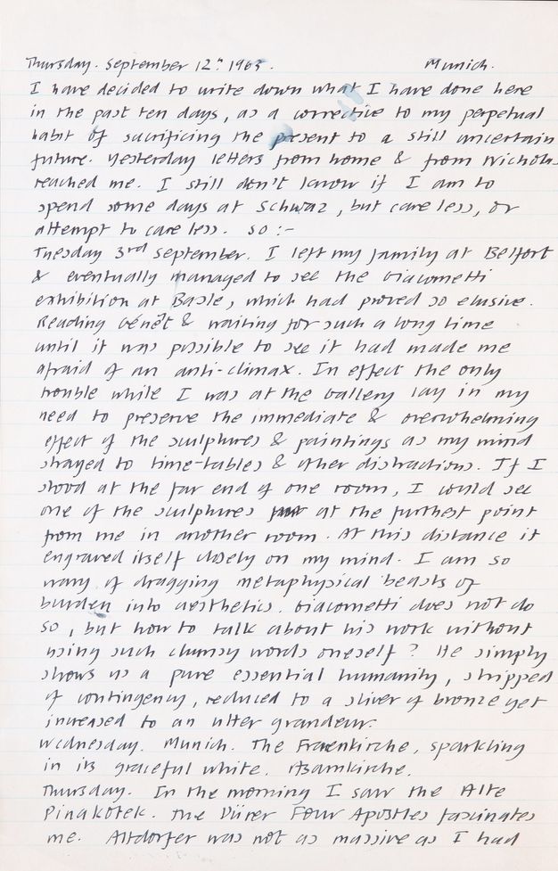 Handwritten document. The first journal entry is dated “Thursday, September 12th 1965”, Munich. The writer, Stephen Bann, captures his experiences seeing art and architecture. An audio file accessed in the caption narrates the page.