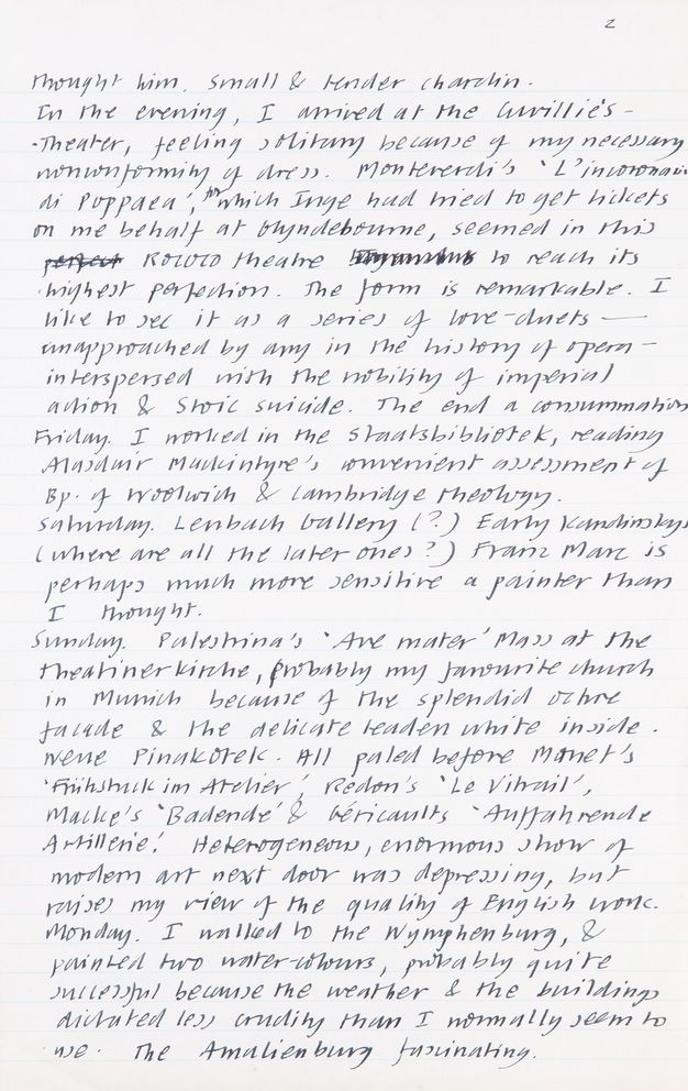 Handwritten document. Journal entries are headed with days of the week, starting with Friday and going through Monday. Recollections on this page capture the author’s experiences seeing performances in a theatre and a church.