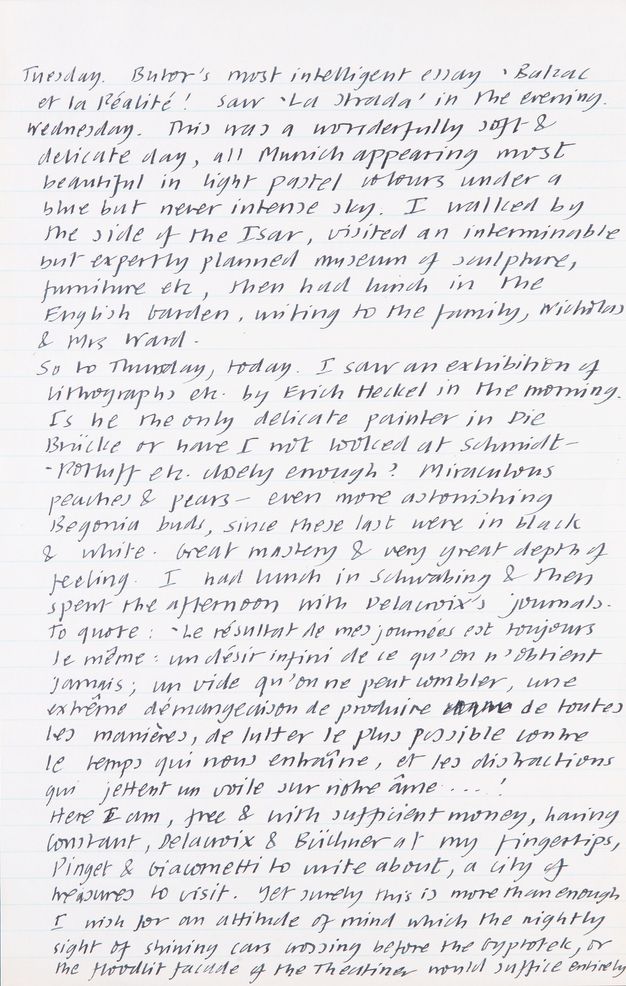 Handwritten document. Journal entries are headed with days of the week, starting with Friday and going through Monday. Recollections on this page are about seeing an exhibition and musing on being “free & with sufficient money” and having access to great works of art.