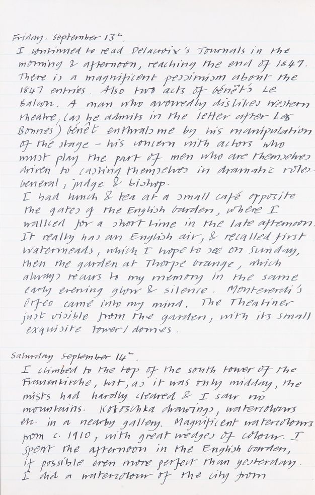Handwritten document. Journal entries are headed “Friday, September 13th” and “Saturday, September 14th”. This page captures experiences in an exhibition and climbing a church tower.