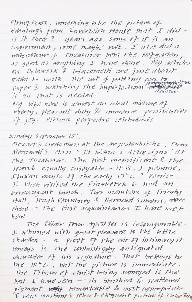 Handwritten document. One journal entry continues from the page before and the second is headed “Sunday September 15th”. Among reports of visiting museums and attending concerts, the author writes, “My life here is almost an ideal mixture of liberty, pleasant duty & immense possibilities of joy”.