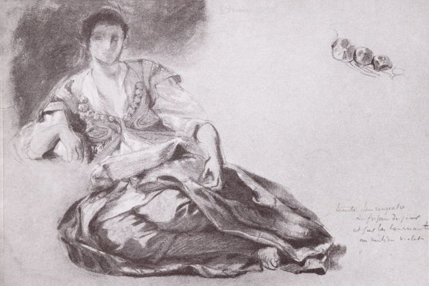 Illustration. Black and white reproduction of a pastel shows a woman sitting with her legs to one side, her elbow propped on an undrawn ledge. The face is only generally blocked in, but the folds of the voluminous skirt are detailed.