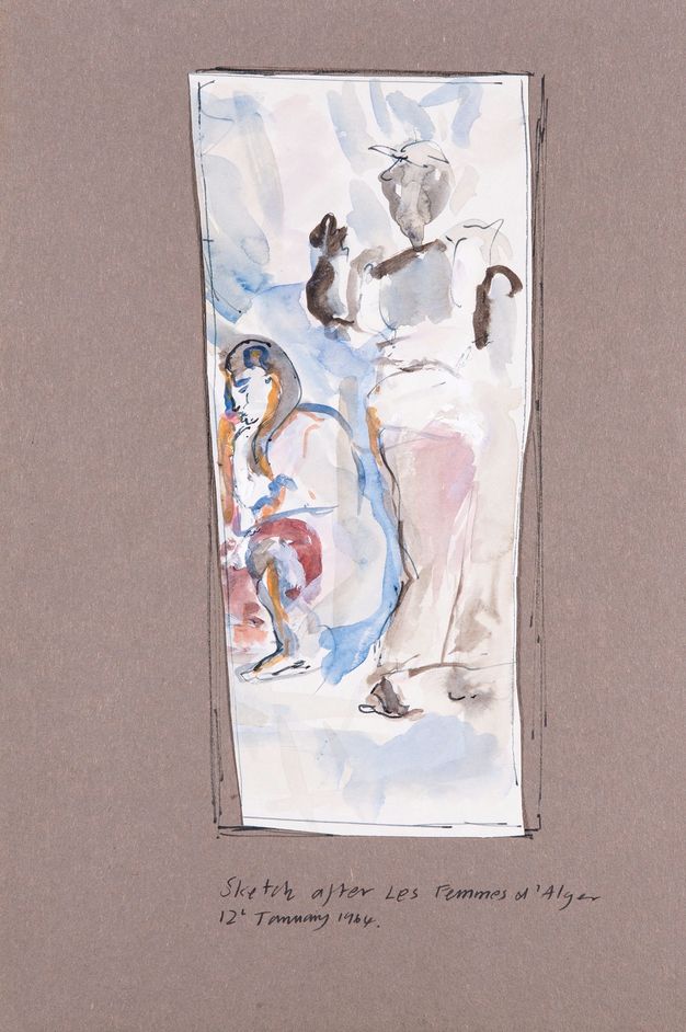 Watercolour. A woman sits on a floor facing our left in profile. Another person with dark skin walks away. The scene is loosely sketched.