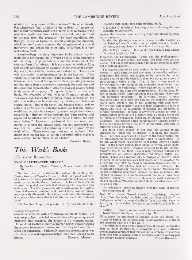 Page of a journal. The third of three pages of an article ends halfway down the left column. The next article is titled, “This Weeks Books”.