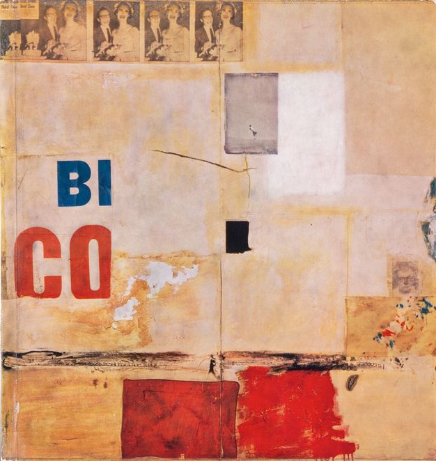 Book cover. Rectangles in scarlet red, smoke grey, and white are layered on a bone-yellow background. A row of four black and white photographs, all showing a bridge and groom, are at the top left. A few letters are to the left, “BI” and “CO”.