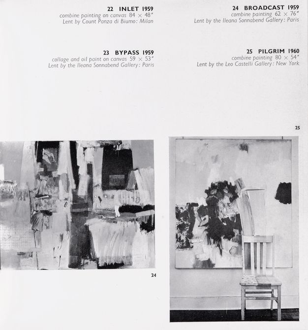 Page from a book. Two abstract compositions are reproduced in black and white. Text at the top gives the titles: “Inlet”, “Broadcast”, “Bypass”, and “Pilgrim”. Captions with dates media, dimensions, and a courtesy line follow each title.