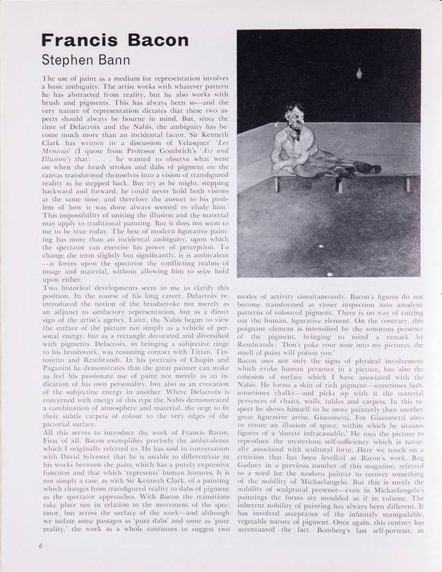 Page of a journal. First of three pages of an article is has text printed in two columns. At the top right, a black and white reproduction shows a man sitting and leaning across a bench. His facial features are exaggerated, though details are difficult to make out in this image.