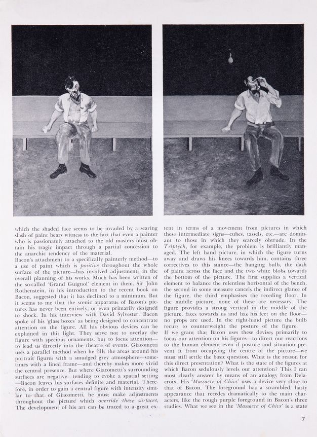 Page of a journal. Second of three pages of an article. Each of two columns is illustrated by black and white reproductions of paintings. Both show a man with exaggerated facial features sitting on a bench. To our left, the man may look out at us. To our right, he holds something to his face.