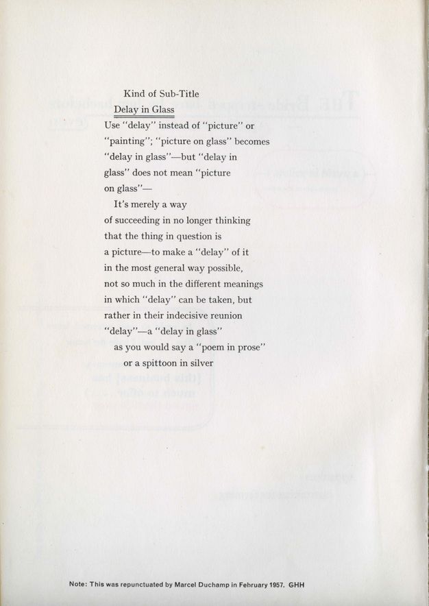 Page of a book. Within a wide white margin, text begins, “Kind of Sub-Title Delay in Glass” with “Delay in Glass” double underlined. Text continues, “Use ‘delay’ instead of ‘picture’ or ‘painting; ‘picture on glass’ becomes ‘delay in glass’--but ‘delay in glass’ does not mean ‘picture on glass’--”.