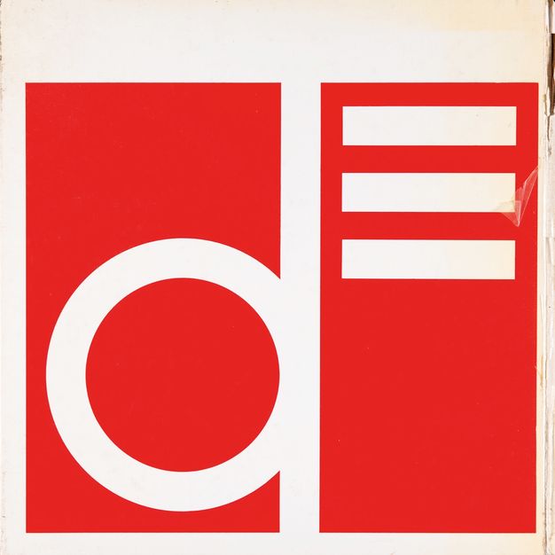 Book cover. A crimson-red square takes up most of this square back book cover. A lowercase D takes up the left half of the square, and three parallel lines are in white at the top right.