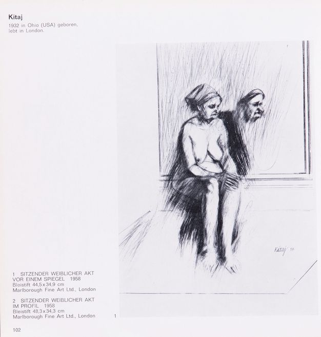 Page from a book. Black and white drawing of a nude woman sitting in front of a mirror takes up most of this square page. Her shoulders slump a bit, and her breasts sag. She wears a head covering, and her features are pinched. A reflection to our right shows only her face with an exaggeratedly long nose and thrusting chin. Caption information is to the left.