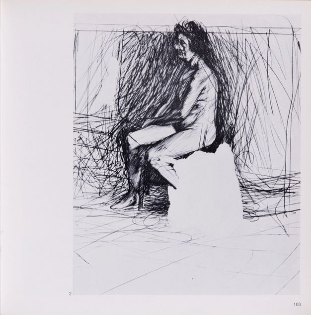 Page from a book. Black and white drawing done with bold, slashing lines is of a seated woman angled towards and looking off to our left. Her body is shaded with softer lines against the scrawled strokes around her.