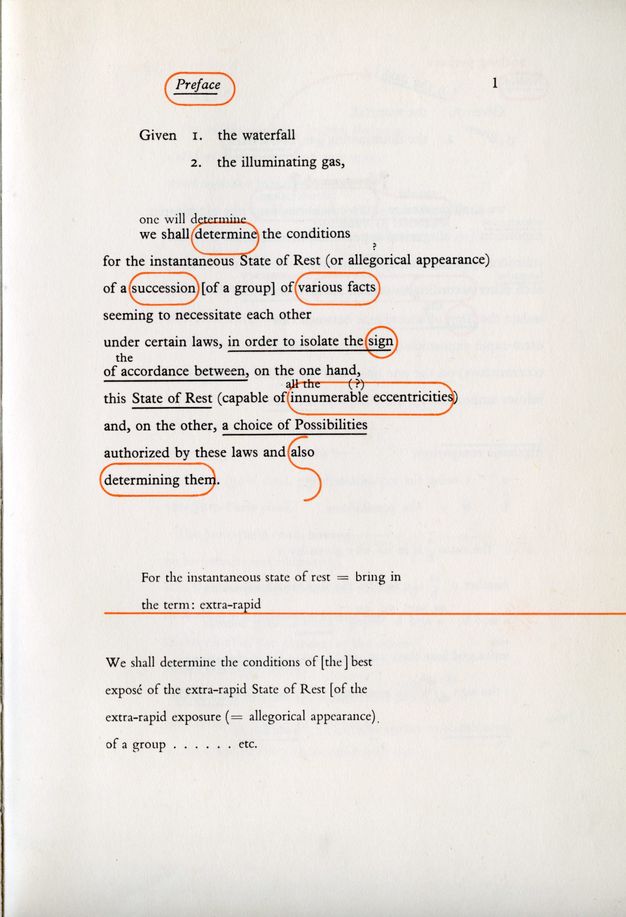 Page of a book. An entry like a dictionary or section of a grammar primer has some words underlined in black and other circled or marked in red. The word “Preface” is both underlined and circled at the top. Text below begins, “Given 1. the waterfall 2. the illuminating gas, one will determine we shall determine the conditions...”