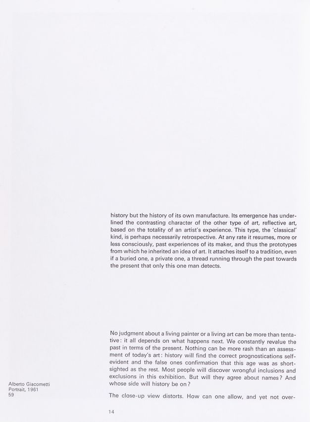 Page from a book. Three paragraphs of text are widely spaced in the bottom half of this page. A caption in the lower left corner for an image on another page reads, “Robert Rauschenberg Windward, 1963 291”.