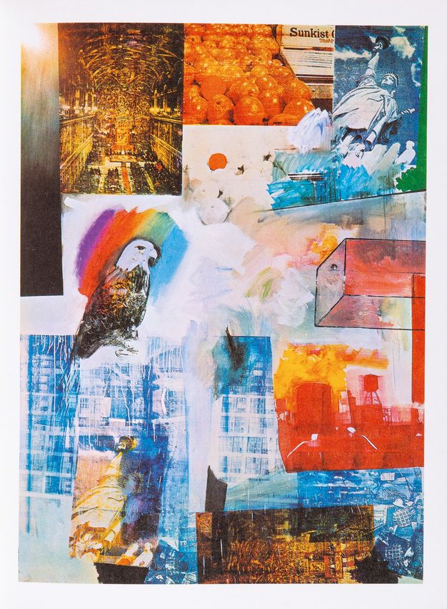 Page from a book. A vividly coloured work of art is layered with screenprints and painted elements. The images are laid out in a loose grid, and include a view of the inside of a church, a stand of Sunkist oranges, a view looking up at the Statue of Liberty, and an eagle against smudges making a rainbow among other imagery.