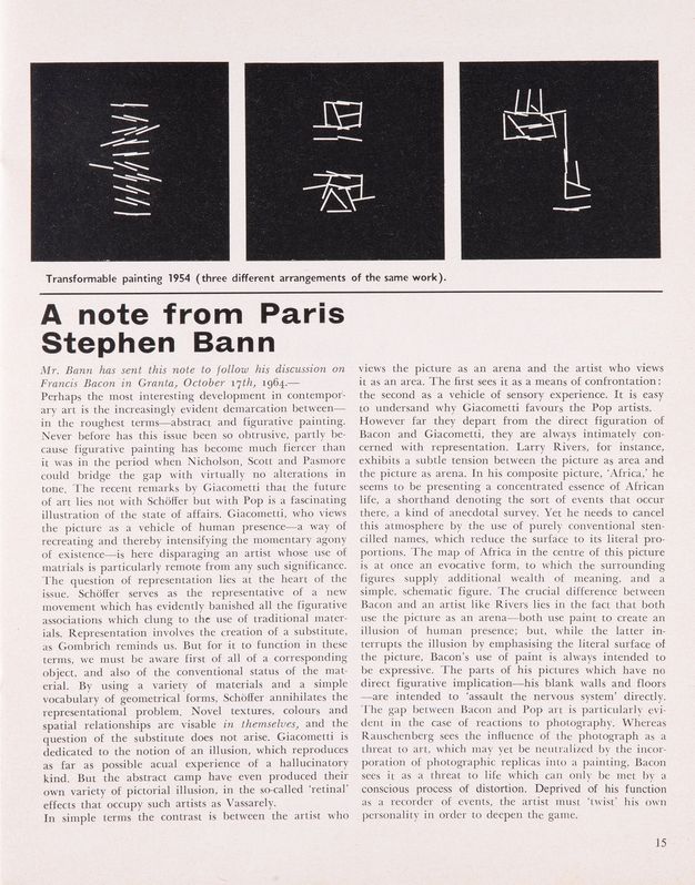 Page from a journal. Three images across the top of the page show white lines arranged against black backgrounds. The caption for those reads, “Transformable painting 1954 (three different arrangements of the same work)”.