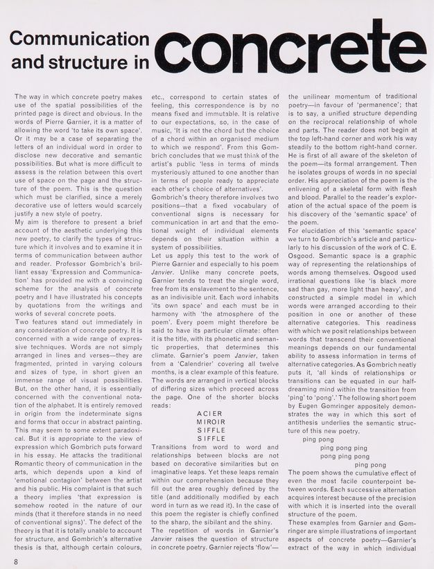 Page of a journal. First of two pages of an article. Three columns of text are broken up near the bottom of the second and third with short poems.