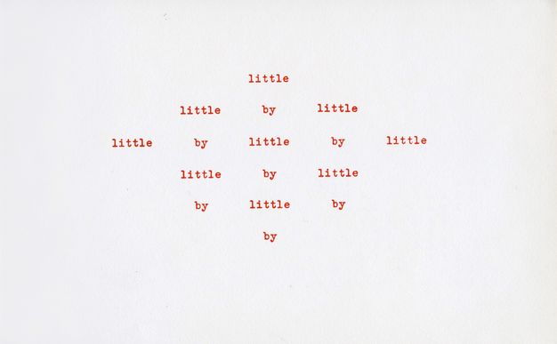 Red text on a white card is typed to make a shape. The words “little” and “by” alternate to make a diamond.