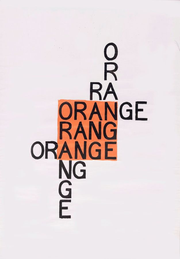 Poster. Black text is arranged inside and outside of an orange square, like a Scrabble board. The word “orange” appears vertically and horizontally, interspersed with “rang” and fragments of the word “orange”.