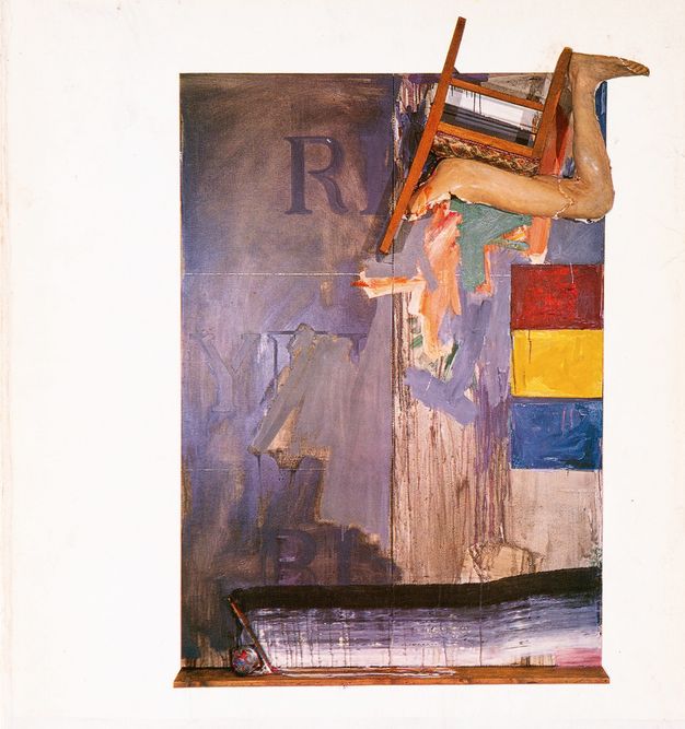 Book cover. A vertical panel covered with streaks and blocks of colour is against a white background. A three-dimensional leg from the thigh down and a wooden chair are affixed, upside down, at the top right corner.