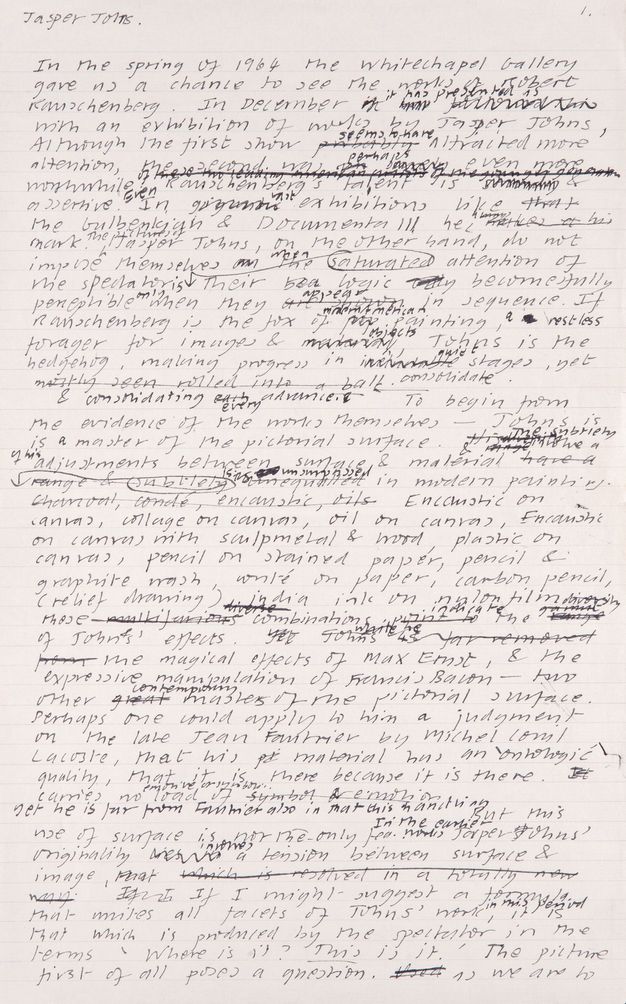 Handwritten document. First of six pages drafting an article. Text is crossed out and revised throughout.