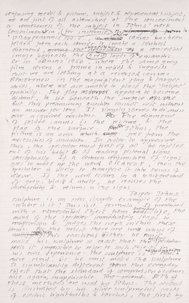 Handwritten document. Second of six pages drafting an article. Text is crossed out and revised in a few places.
