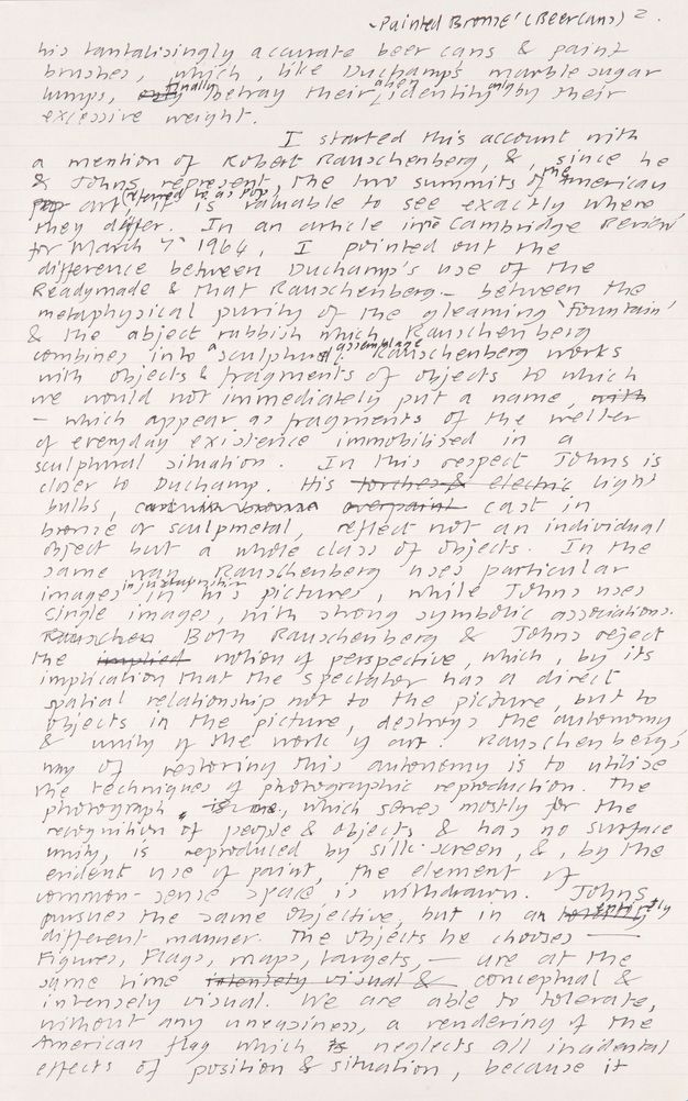 Handwritten document. Third of six pages drafting an article. Text is crossed out and revised in a few places.