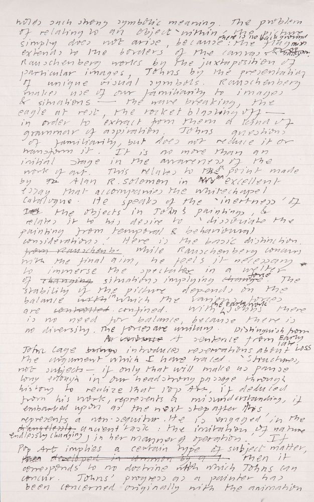 Handwritten document. Fourth of six pages drafting an article. Text is crossed out and revised in a few places.