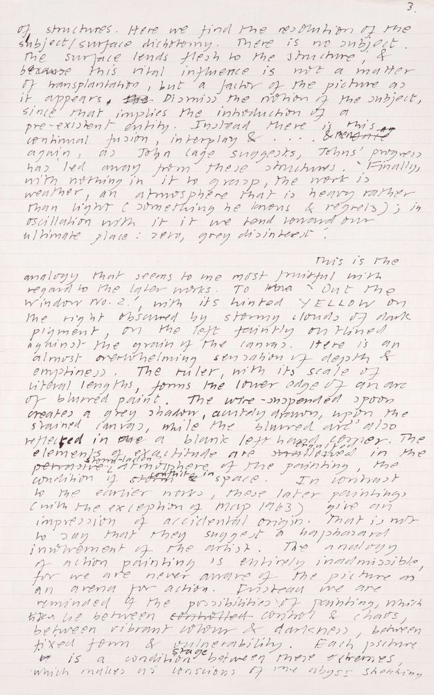Handwritten document. Fifth of six pages drafting an article. Text is crossed out and revised in a few places.