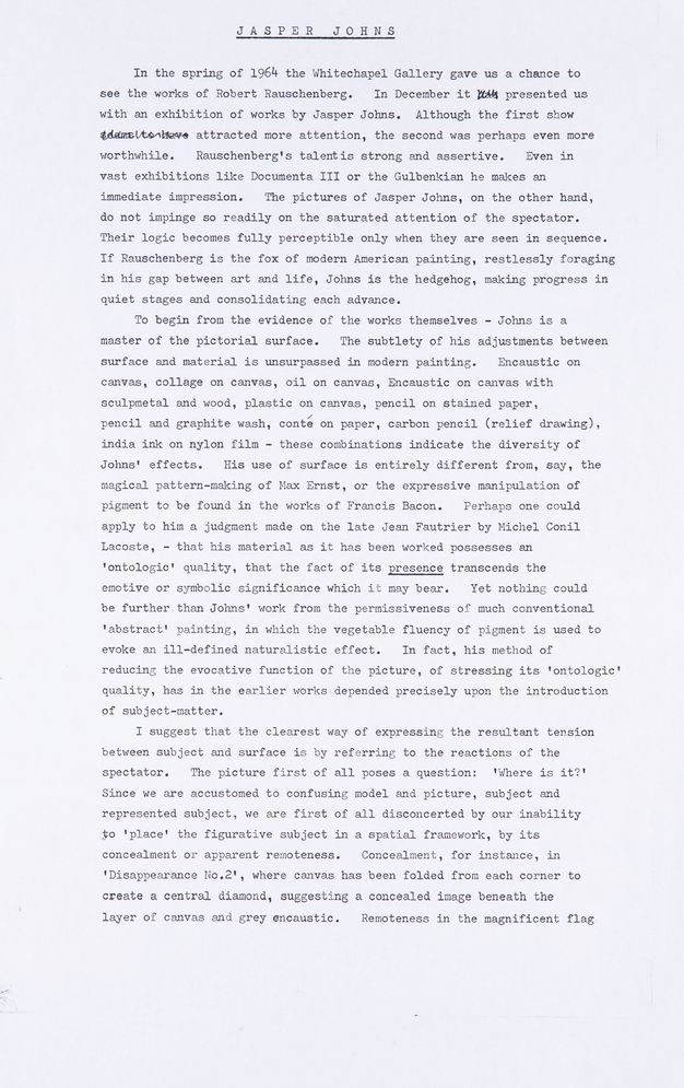 Typewritten document. First of five pages of an article.