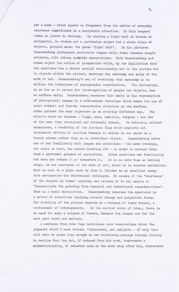 Typewritten document. Third of five pages of an article.