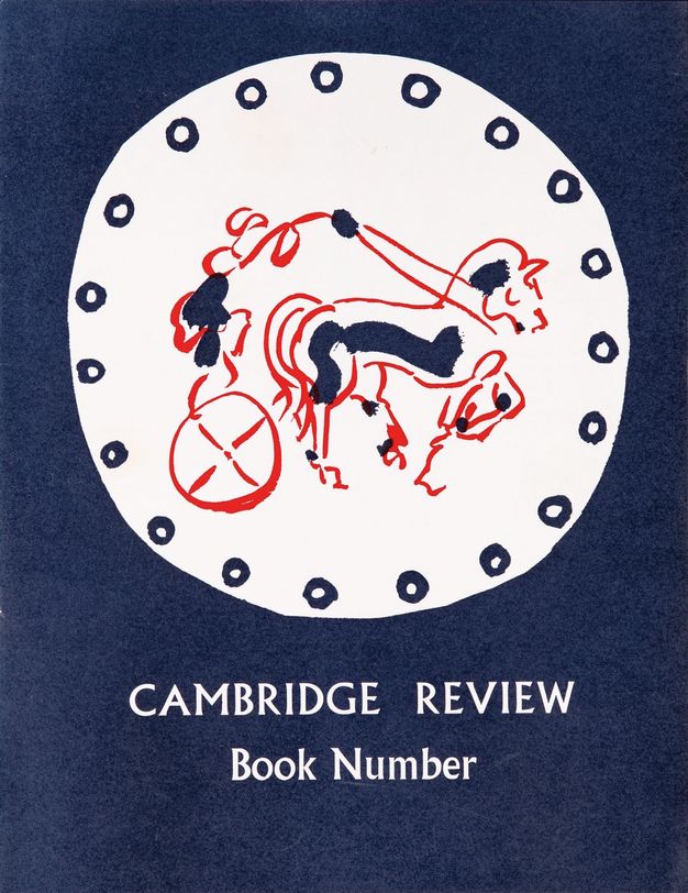Book cover. A white circle on a navy-blue background has blue circles around the inside its perimeter. A line drawing of a person riding a chariot behind a horse is outlined in red and blue.