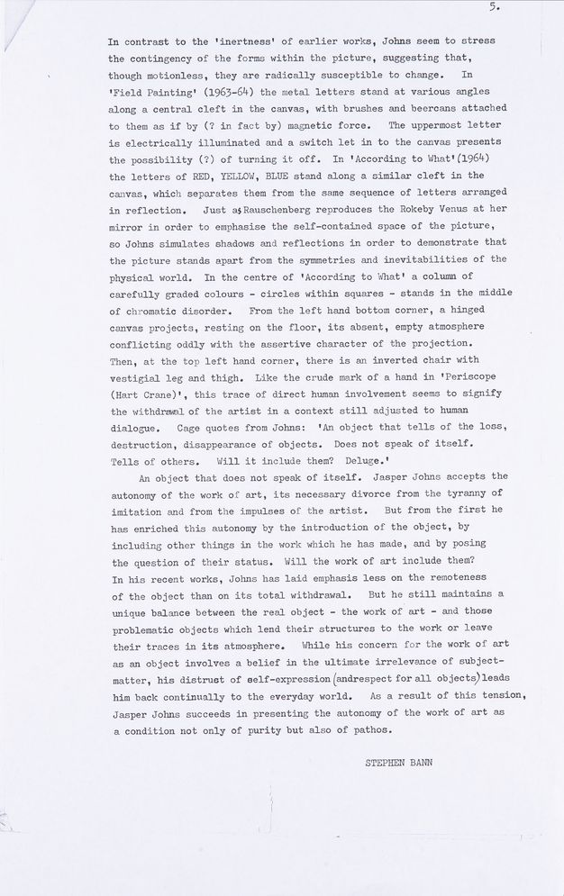 Typewritten document. Fifth of five pages of an article.