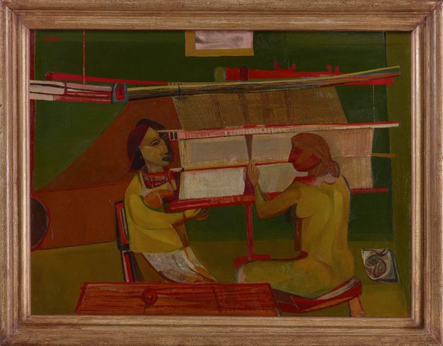 Painting. Two women sit at a loom. The scene is stylized, and the colour palette is limited almost entirely to brick red, pine green, straw yellow, ivory white, and a few touches of brown.