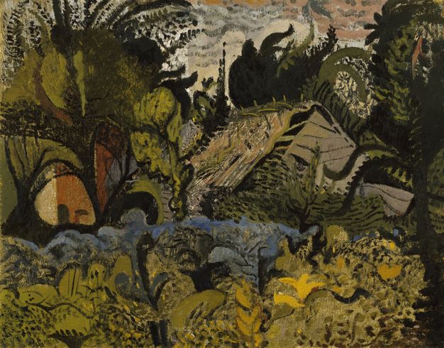 Painting. Vegetation grows up around and almost swallows a house in this landscape. The plants are stylized and painted mostly in tones of earthy green and grey.