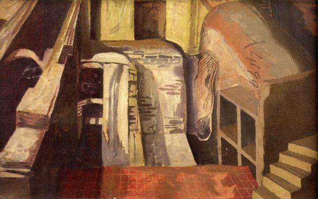 Painting. We look down into a space lined with shelves, half-walls, stairs, and other forms that are hard to interpret.