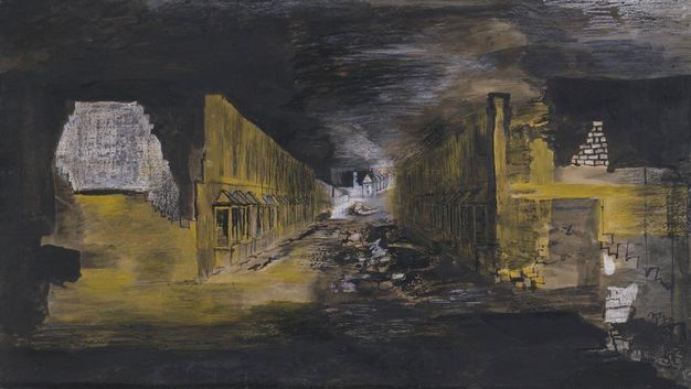 Drawing. A street lined with daffodil-yellow fronted buildings yawns in front of us. Black and grey rubble, ruins, and debris fill the dark street and night sky.