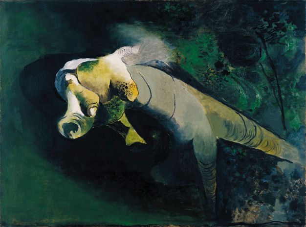 Painting. A vaguely trunk-shaped object splits into two limbs or legs as it angles away from us and to our right against an emerald-green background.
