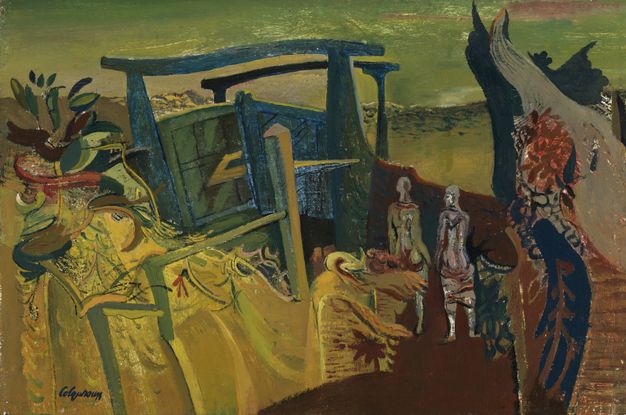 Painting. Two people walk along a rust-brown path amid an abstracted, surreal landscape. Vegetation blends with floating, freestanding architecture. The scene is dominated by golden yellow, olive green, brown, and ocean blue with a few touches of maroon red.