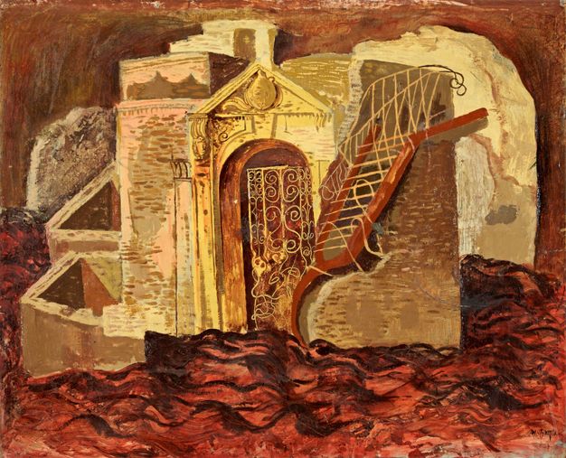 Painting. Bits of architecture like a golden yellow filigreed gate, a petal-pink tower, ivory-white walls, and a tawny-brown staircase are clustered at the centre of this stylized, abstracted composition. The ground beneath looks like rust-red waves, and the background is copper brown.