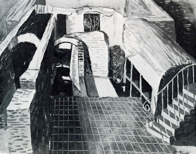 Painting. Black and white image of architectural features that don't quite coalesce into a recognizable space. We look down on arches and walkways, a staircase and a tiled floor but it is hard to tell how they might go together.