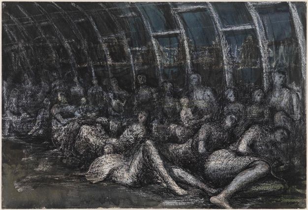 Drawing. A mass of ghostly bodies huddle in a dim tunnel.