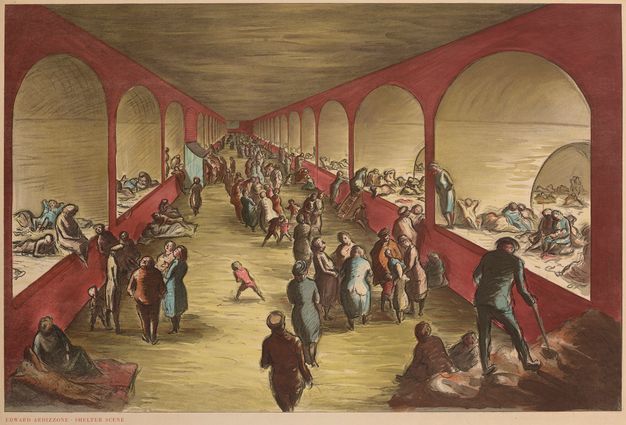 Print. Two rows of arched openings zoom to meet the ceiling and floor in the distance. The inwards facing surfaces of the arches are wine red, and the ceiling, floor, and curved surfaces of the arches is wheat brown. Men, women, and children huddle, sit, stand, and lie along the floor and in the wide arches as far as the eye can see.