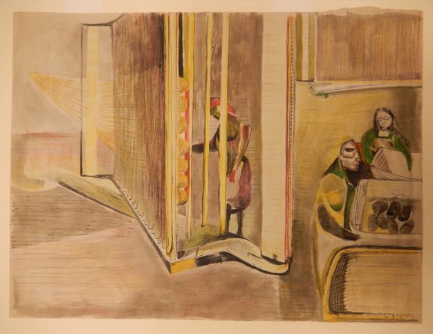 Drawing. A loom that stretches from floor to ceiling comes towards us in the middle of this space. A person behind the bars of the loom works part of the machinery. Two more people sort spools of thread to our right. The people have grey, medium brown, or ash-white coloured skin, and the scene is stylized.