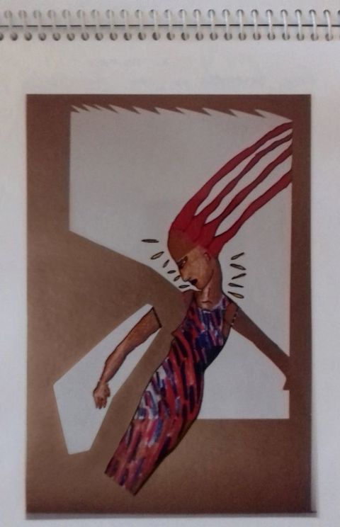 Drawing and collage. A brown-skinned woman is angled from the bottom left corner up towards the top right, and locks of her long red hair extend off that upper corner. Slivers hover over her shoulders against the white paper background. Brown paper has been cut like a frame, but one protrusion from the lower left encases that arm.