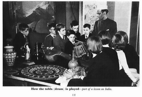 Illustration. Black and white illustration shows a group of children wearing suits or dresses with a drum. A man wearing a white cap and high-necked dark garment stands at the back of the group. Text below reads, “How the tabla (drum) is played – part of a lesson on India”.