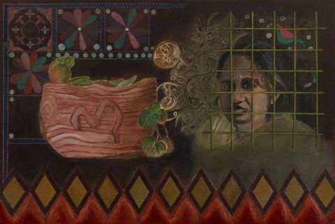Painting and mixed media. Objects, a woman’s face, and patterns are layered in this horizontal composition. A basket perhaps containing leaves is to our left. To our right, the woman’s head is shown from the shoulders up behind a pea-green grid, like bars.