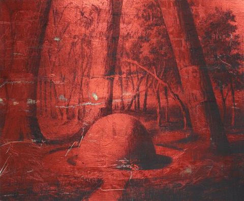 Mixed media. A dome-shaped form appears to be surrounded by a body of water, like a moat. Trees grow up and over the mound, the three trunks closest to us reaching off the top edge of the composition before shooting out a branch. The whole scene is in tones of brick and garnet red.