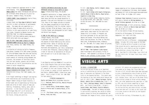 Magazine spread. These two pages have four columns of text. The exhibition is listed under a banner reading “Visual Arts” about halfway down the right hand page.