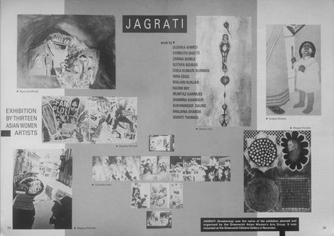 Magazine spread. Seven works of art are reproduced in black and white. A list of the thirteen artists included in the show partially overlaps one of the images.